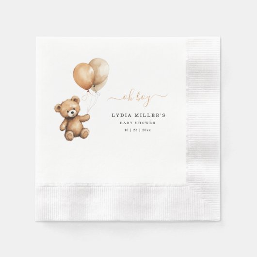 くまのぬいぐるみ 風船 ベビーシャワー 男女兼用 縁ありカクテルナプキン (正面)