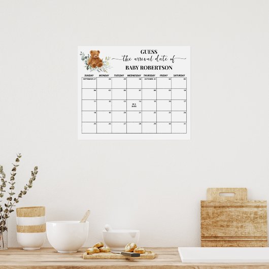 くまのグリーンベイビーシャワー出産予定日カレンダー ポスター (キッチン)