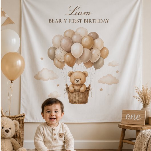 くまのニュートラルバルーン1歳の誕生日 タペストリー