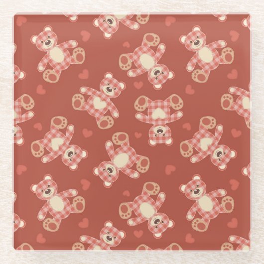 くまのパッチワークパターン ガラスコースター (正面)