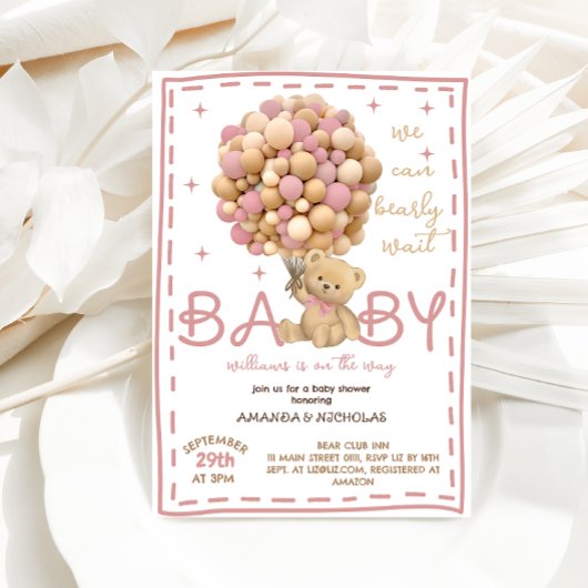 くまのピンクのベビーシャワー 招待状