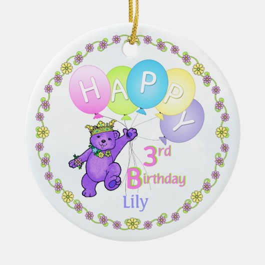 くまのプリンセスの第3誕生日の記念品 セラミックオーナメント (正面)