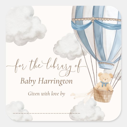 くまのプーさん待ちの図書館ブックプレート スクエアシール (正面)