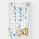 くまのベリーの1歳の誕生日 青い風船 横断幕 (縦)