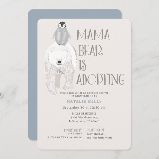 くまのママの養子縁組 ブルーボーイ ベビーシャワー 招待状 (正面/裏面)