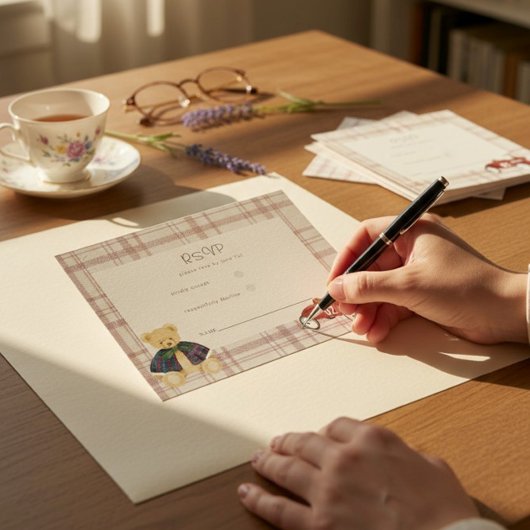 くまのレースカーのチェック柄ベビーシャワー返信カード 出欠カード