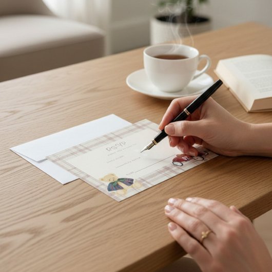 くまのレースカーのチェック柄ベビーシャワー返信カード 出欠カード