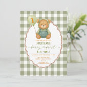 くまの初めての誕生日 オレンジ かぼちゃ サージュグリーン ギンガム 招待状 (スタンド正面)
