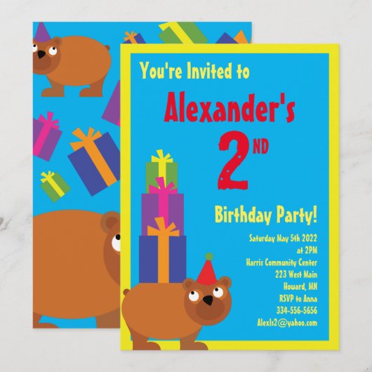 くまの動物の子供の誕生日パーティーの招待状 招待状 (正面/裏面)