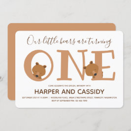 くまの双子が生後1年を迎える かわいい動物の初めての誕生日 招待状
