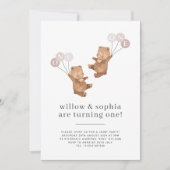 くまの双子ちゃんの共同1歳誕生日招待状 招待状 (正面)