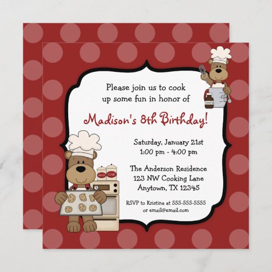くまの子供の誕生日のパーティーの調理 招待状 (正面/裏面)