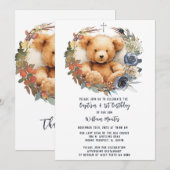 くまの男の子 誕生日と洗礼のお祝い 招待状 (正面/裏面)