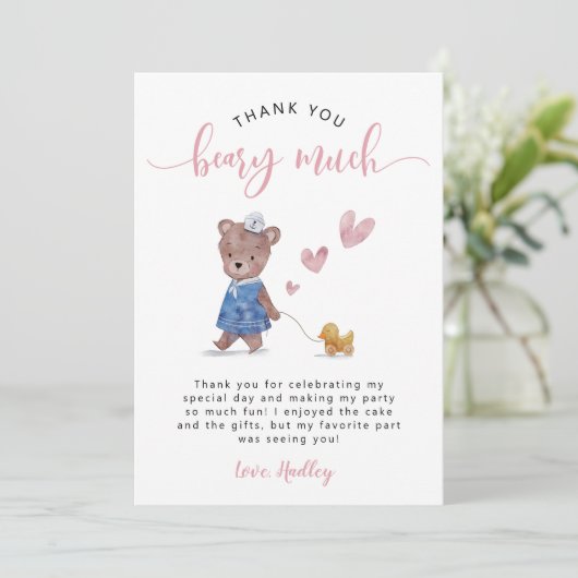 くまの誕生日パーティー ピンク サンキューカード (スタンド正面)