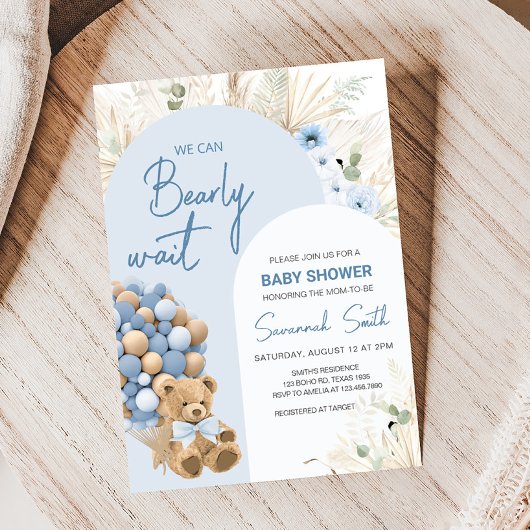 くまの赤ちゃんがもうすぐ！ブルーのベイビーシャワーパーティー 招待状