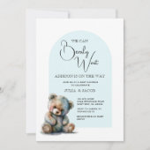 くまの赤ちゃんが待ち遠しい 水彩 ブルー ベビーシャワー 招待状 (正面)