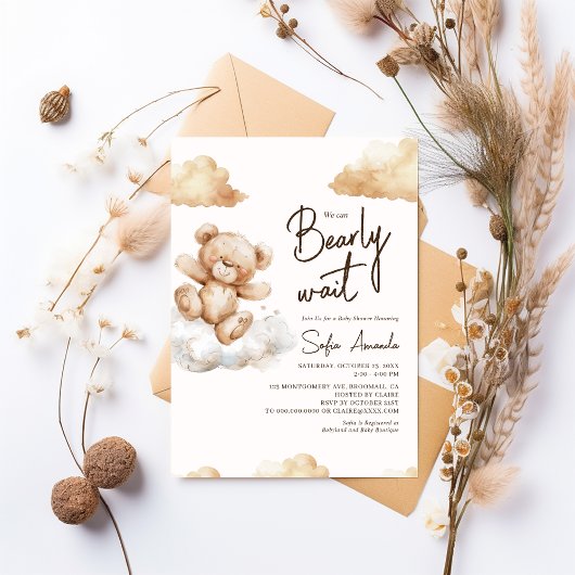くまの赤ちゃんが楽しみで待ちきれない、ベアリー・ウェイト・ベア・クラウド・ベイビー・シャワーのお知ら 招待状