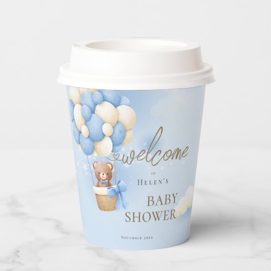 くまの赤ちゃんが楽しみで待ち遠しい!青いテディベアのベビーシャワーパーティー 紙コップ (裏面)