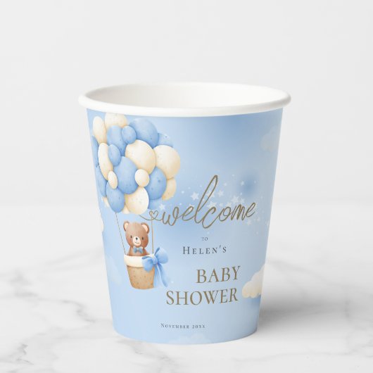 くまの赤ちゃんが楽しみで待ち遠しい！青いテディベアのベビーシャワーパーティー 紙コップ (正面)
