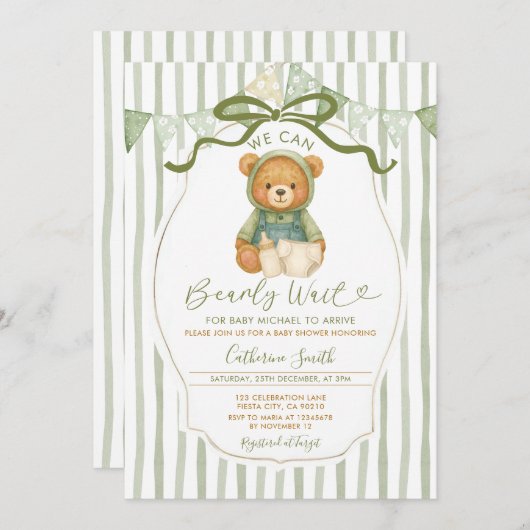 くまの赤ちゃんのシャワー ストライプが楽しみで仕方ない 招待状 (正面/裏面)