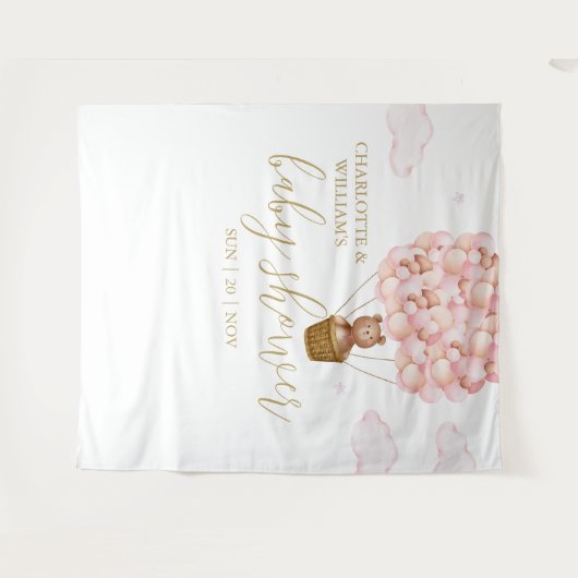 くまの赤ちゃんのシャワー フォトブース背景ピンク タペストリー (正面(横))