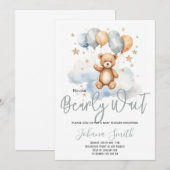 くまの赤ちゃんの誕生を心待ちにしています 青いくまのベイビーシャワー 招待状 (正面/裏面)