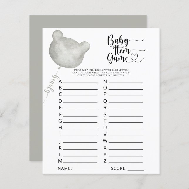 くまの赤ちゃんアイテムゲーム。ベビーシャワーゲーム (正面/裏面)