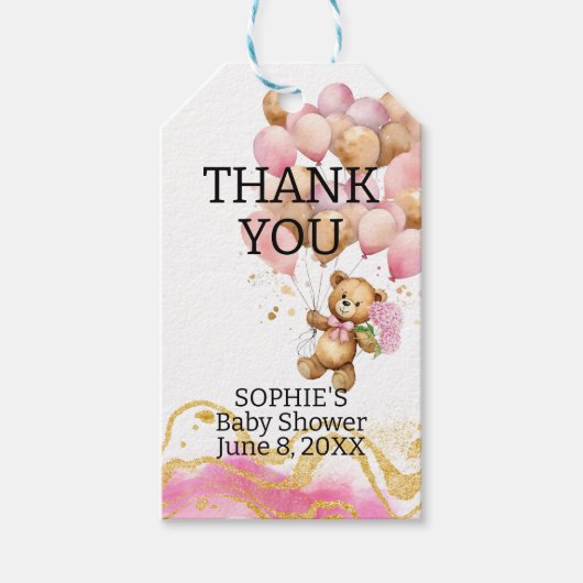 くまの赤ちゃん待ちきれない ブッシュピンクとゴールドの抽象 ギフトタグ (正面)