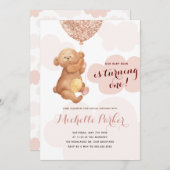 くまの赤ちゃん ピンクの雲 1歳の誕生日 招待状 (正面/裏面)