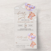 くまの赤ちゃん、紫の風船、初めての誕生日 オールインワン招待状 (内側)