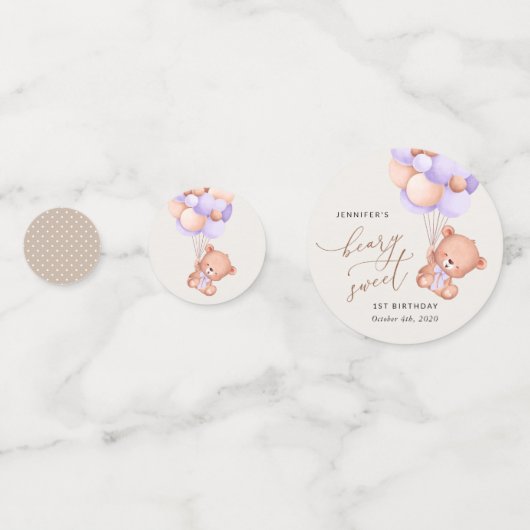 くまの赤ちゃん、紫の風船、初めての誕生日 コンフェッティ (裏面)