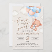 くまの赤ちゃん、青い風船、初めての誕生日 招待状 (正面)