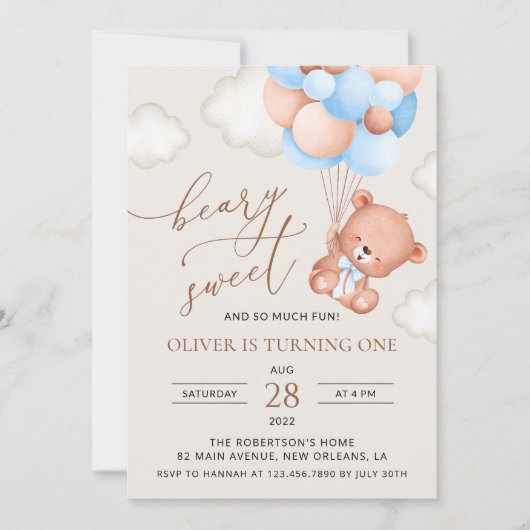 くまの赤ちゃん、青い風船、初めての誕生日 招待状 (正面)