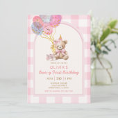 くまの風船 ピンクギンガム くまの1歳の誕生日 招待状 (スタンド正面)