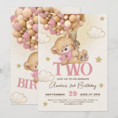 くまの風船 女の子 2歳の誕生日 招待状 (正面/裏面)