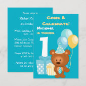 くまの風船 1歳の誕生日パーティー 招待状 (正面/裏面)