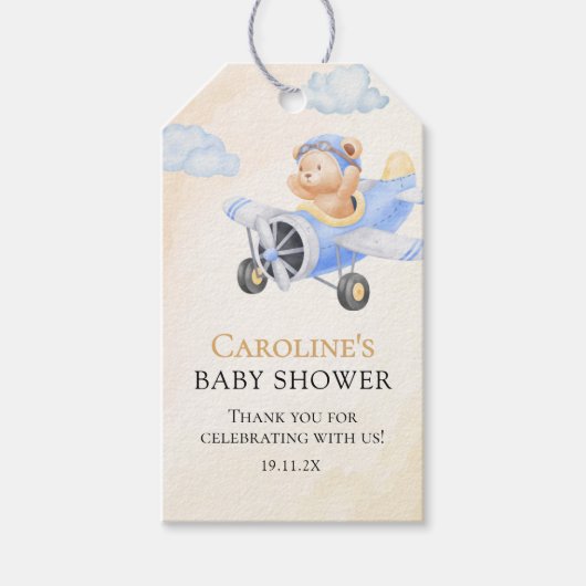 くまの飛行機 水彩ありがとう ギフトタグ (正面)