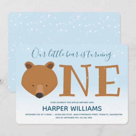 くまの1歳の冬の誕生日 招待状 (正面/裏面)