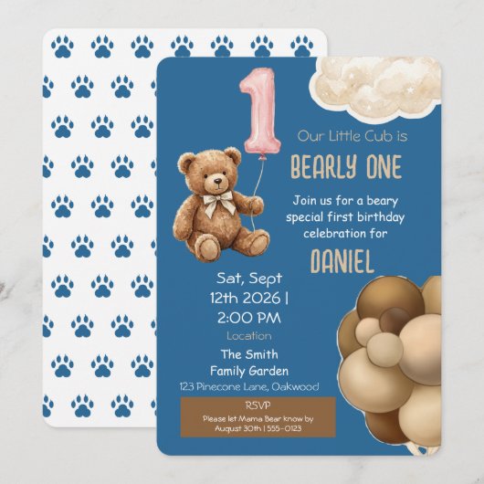 くまの1歳の誕生日招待状「Bearly One」 招待状 (正面/裏面)