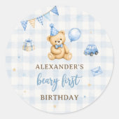 くまの1歳の誕生日 くま 青い風船 ラウンドシール (正面)