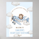 くまの1歳の誕生日 テディベア 飛行機 ウェルカムサイン ポスター (正面)