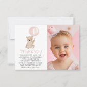 くまの1歳誕生日 ピンク風船 フォト フラット サンキューカード (正面)