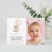 くまの1歳誕生日 ピンク風船 フォト フラット サンキューカード (スタンド正面)