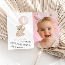 くまの1歳誕生日 ピンク風船 フォト フラット サンキューカード