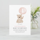 くまの1歳誕生日 ピンク風船 招待状 (スタンド正面)