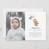 くまの3つの青い風船の写真1歳誕生日招待状 招待状 (正面)