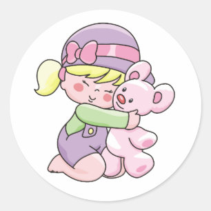 くまのTシャツおよびギフトを抱き締めている女の子 ラウンドシール