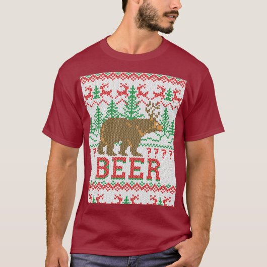 くまシカまたはビールクリスマスのジャンパーの編み物 Tシャツ (正面)