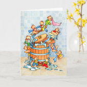 くま及び洗浄のたらい-子供の挨拶状 カード (黄色い花)