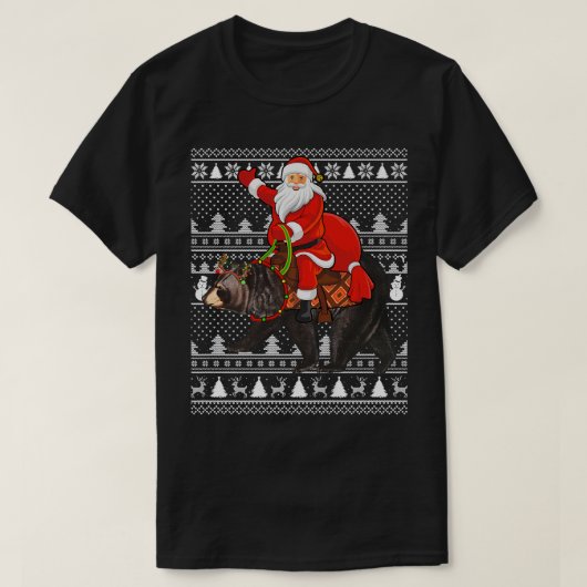 くま好きのための面白いサンタが乗ったくまのダサいクリスマス Tシャツ (デザイン正面)